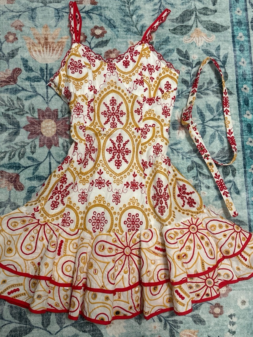 White Sundress with Red & Gold Embroidery